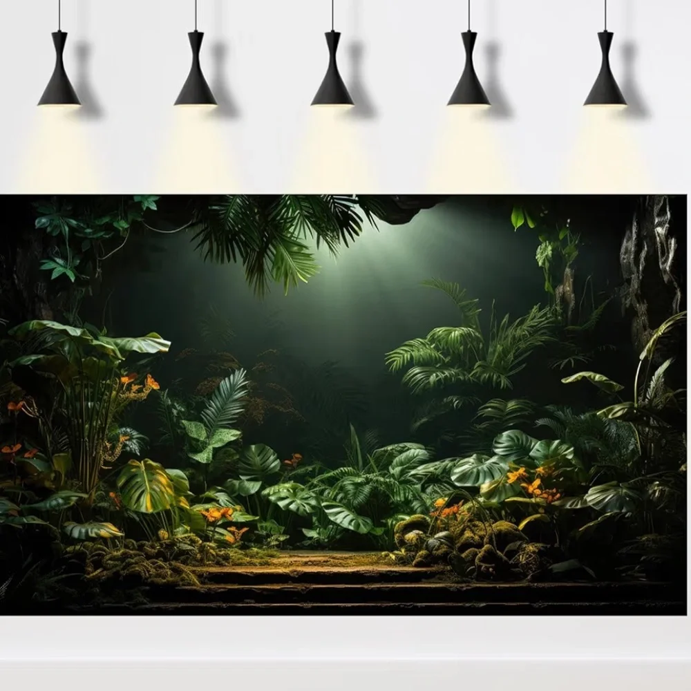 Riivvdise Rainforest aquarium background green brown tropical palm leaves NWT